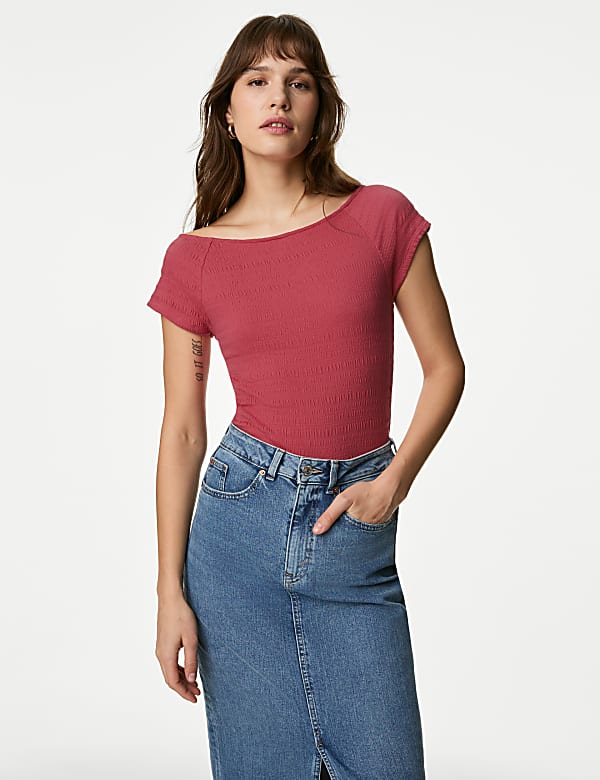 Cotton Blend Textured Off The Shoulder Top