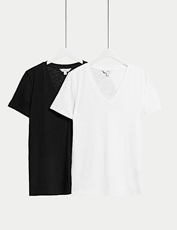 2pk Pure Cotton V Neck Relaxed T Shirts BLACK WHITE T shirts M S ES