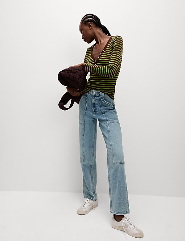 Cotton Rich Ribbed Striped V-Neck Top - MX