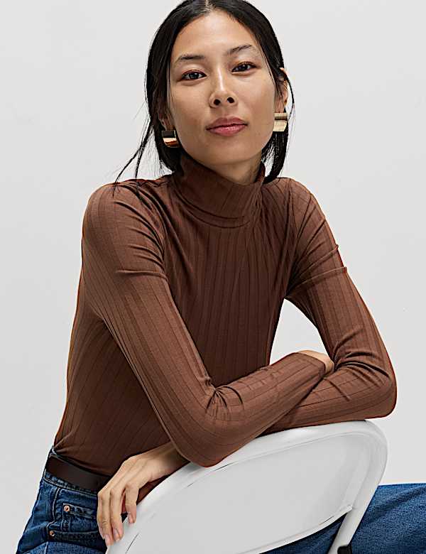 Cotton Blend Funnel Neck Long Sleeve Top
