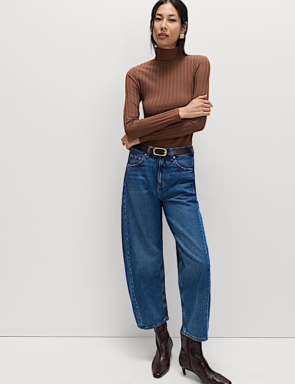 Cotton Blend Funnel Neck Long Sleeve Top