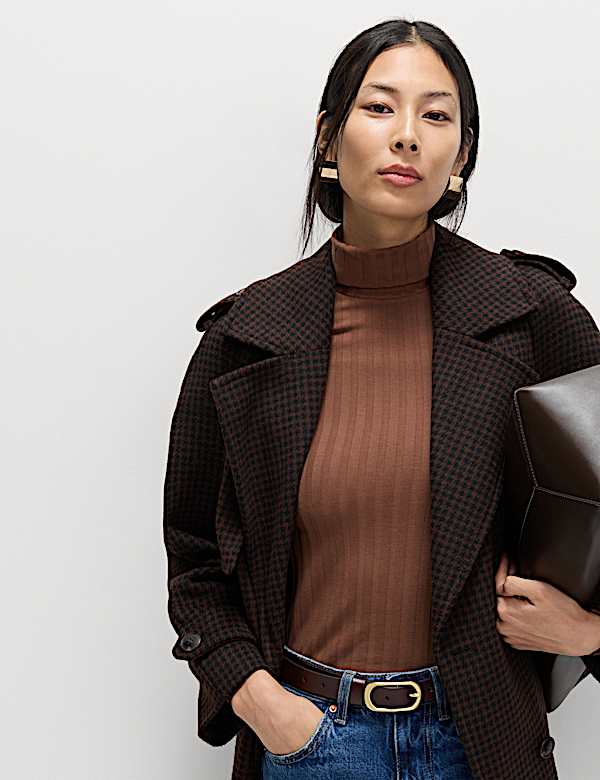 Cotton Blend Funnel Neck Long Sleeve Top