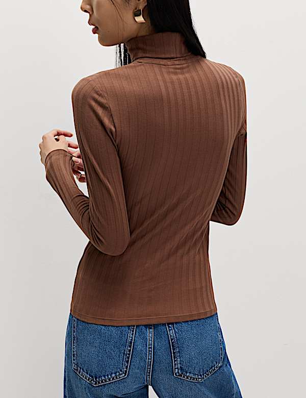Cotton Blend Funnel Neck Long Sleeve Top