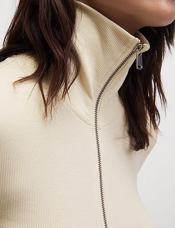 Cotton Rich Ribbed Collared Zip Up Top - ES