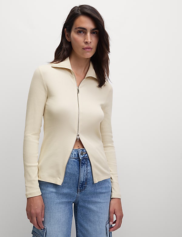 Cotton Rich Ribbed Collared Zip Up Top - IL