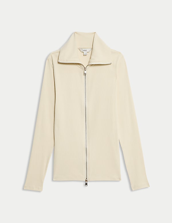 Cotton Rich Ribbed Collared Zip Up Top - IL