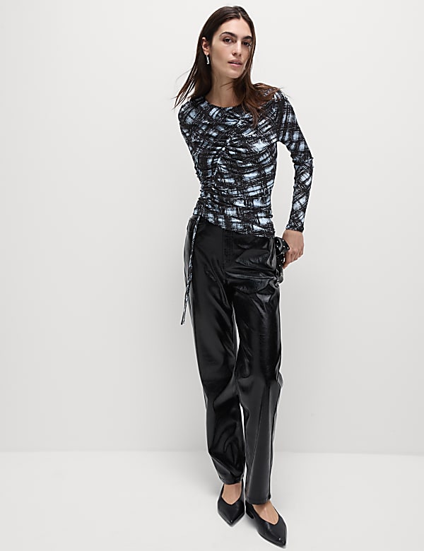 Long Sleeve Printed Ruched Mesh Top | GREEN MIX | Tops | M&S CZ