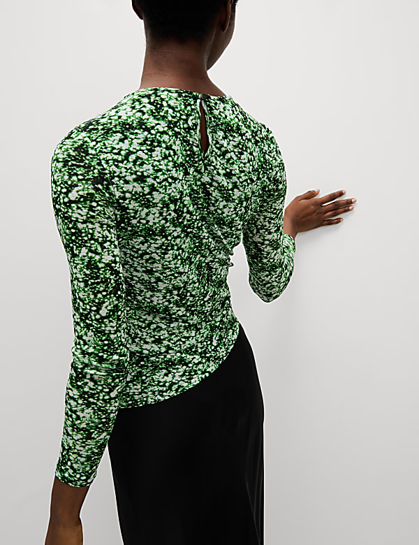 Long Sleeve Printed Ruched Mesh Top
