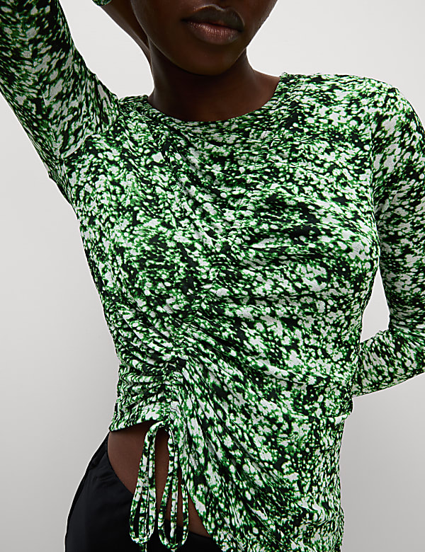 Long Sleeve Printed Ruched Mesh Top