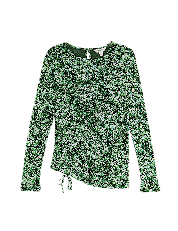Long Sleeve Printed Ruched Mesh Top