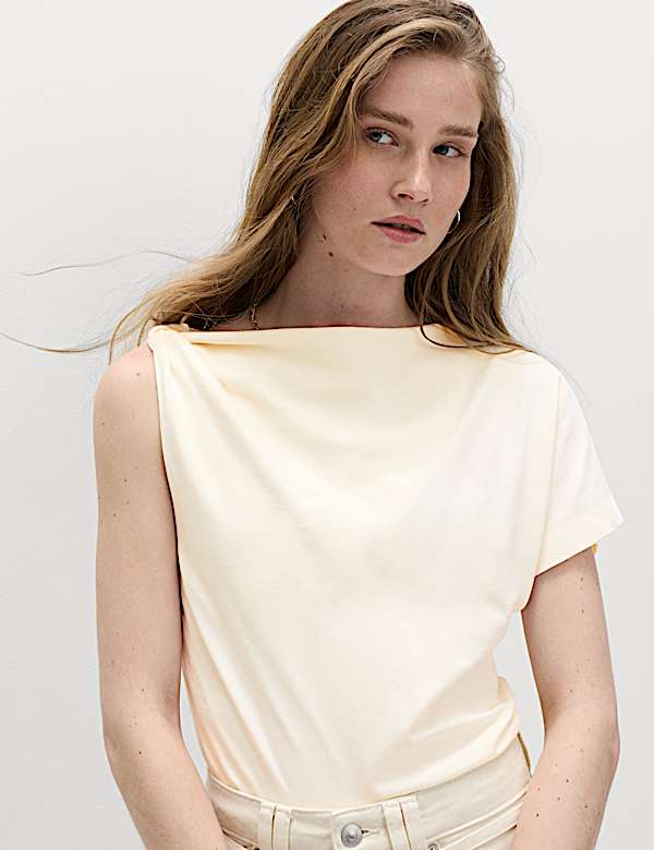 Pure Cotton One Shoulder Drape Top - BN