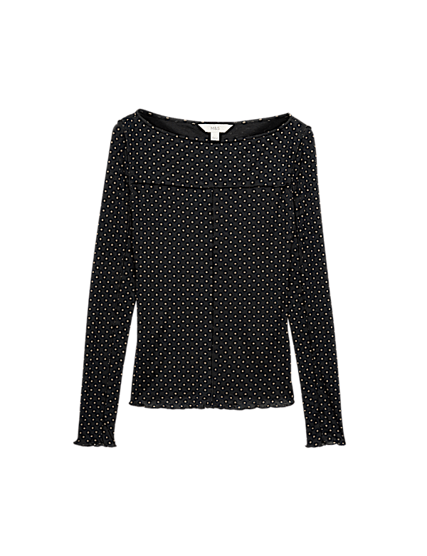 Mesh Jersey Polka Dot Slash Neck Top