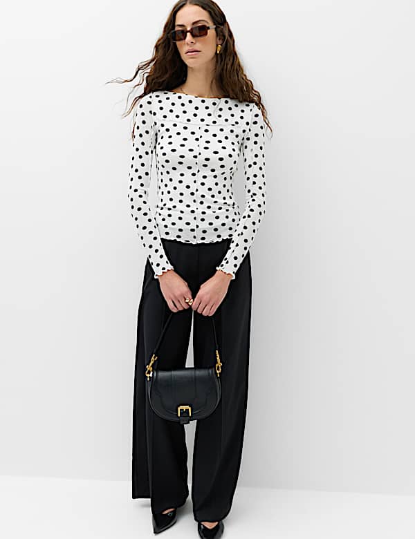 Mesh Jersey Polka Dot Slash Neck Top