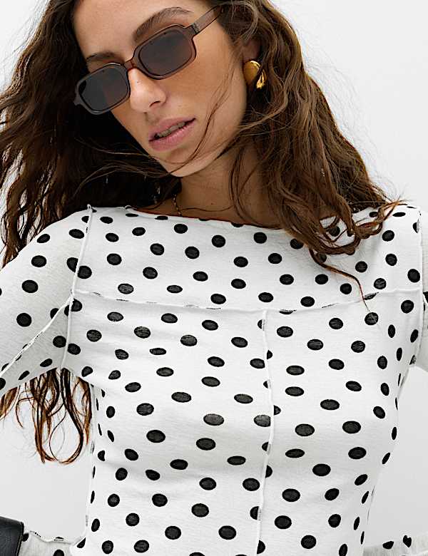 Mesh Jersey Polka Dot Slash Neck Top