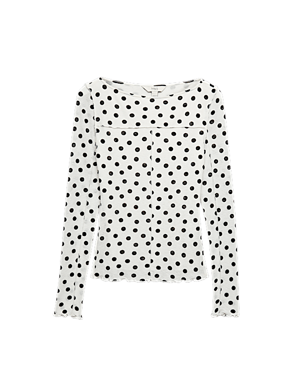 Mesh Jersey Polka Dot Slash Neck Top