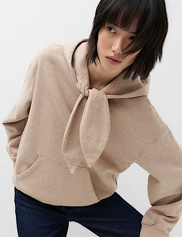 Pure Cotton Relaxed Tie Neck Hoodie - US