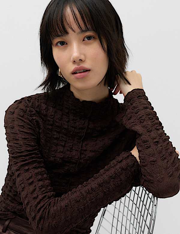 Long Sleeve Funnel Neck Textured Top - AL