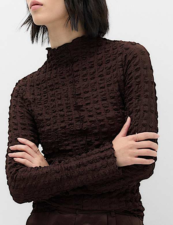 Long Sleeve Funnel Neck Textured Top - AL