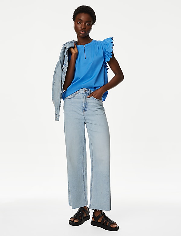 Pure Cotton V-Neck Frill Sleeve Blouse