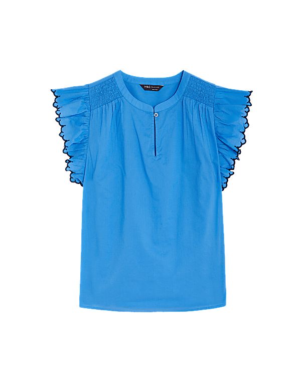 Pure Cotton V-Neck Frill Sleeve Blouse