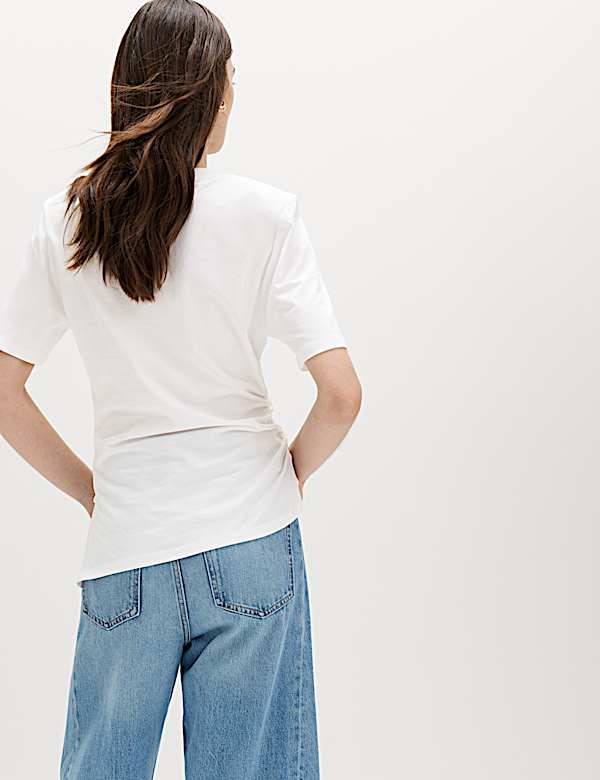 Pure Cotton Shoulder Pad Asymmetric Hem T-Shirt - US