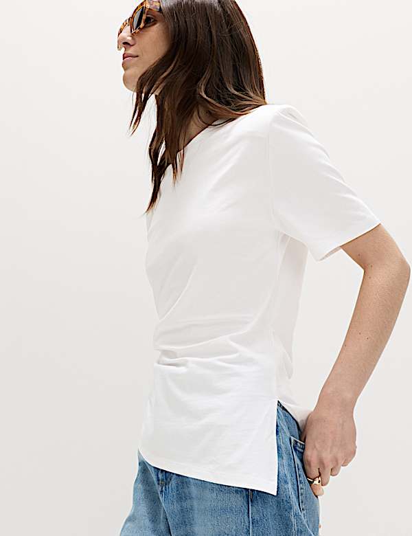 Pure Cotton Shoulder Pad Asymmetric Hem T-Shirt - US