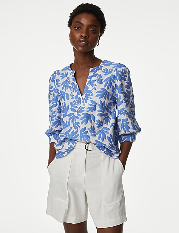 Cotton Blend Jacquard V-Neck Popover Blouse