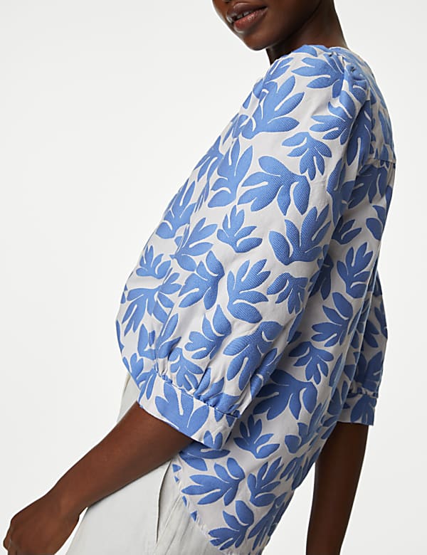 Cotton Blend Jacquard V-Neck Popover Blouse