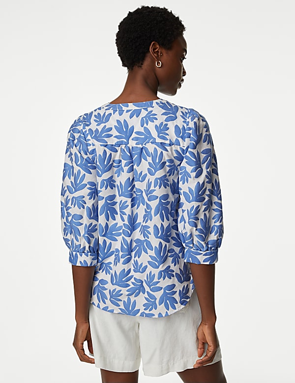 Cotton Blend Jacquard V-Neck Popover Blouse