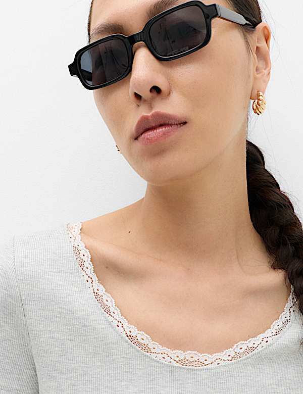 Ribbed Lace Scoop Neck Short Sleeve Top - EE