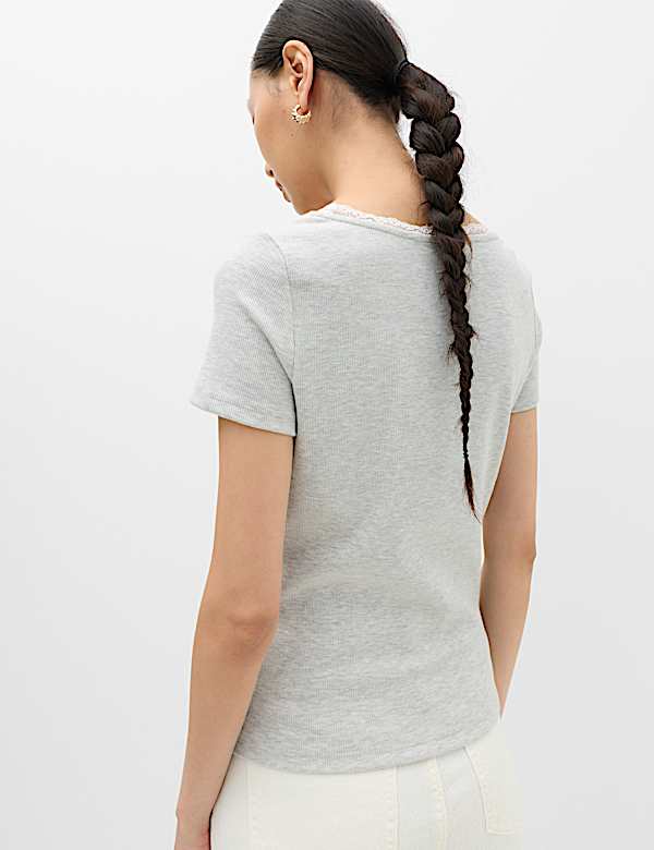 Ribbed Lace Scoop Neck Short Sleeve Top - EE
