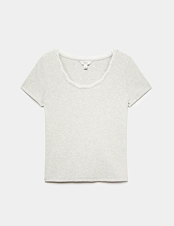Ribbed Lace Scoop Neck Short Sleeve Top - EE