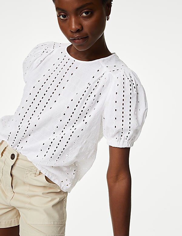 Pure Cotton Broderie Puff Sleeve Blouse