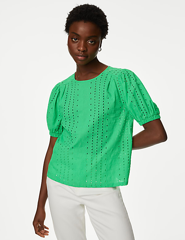 Pure Cotton Broderie Puff Sleeve Blouse