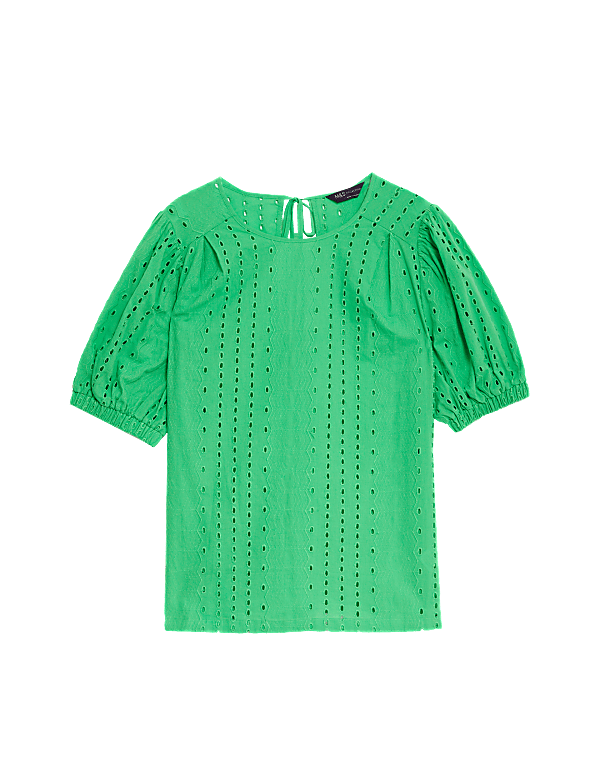 Pure Cotton Broderie Puff Sleeve Blouse