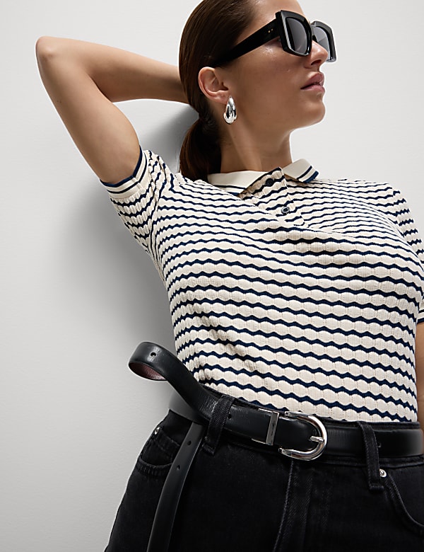 Cotton Blend Geometric Striped Polo Top