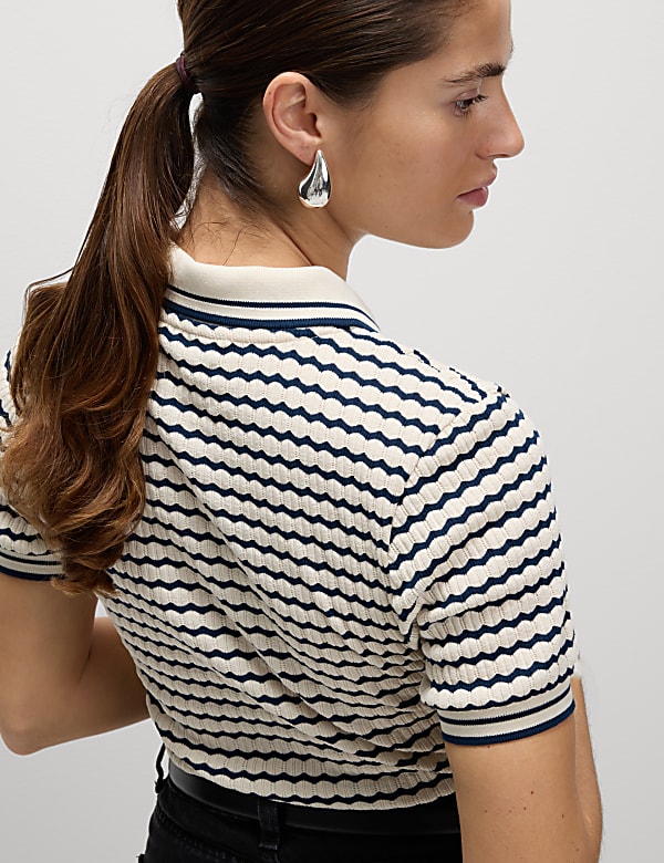 Cotton Blend Geometric Striped Polo Top