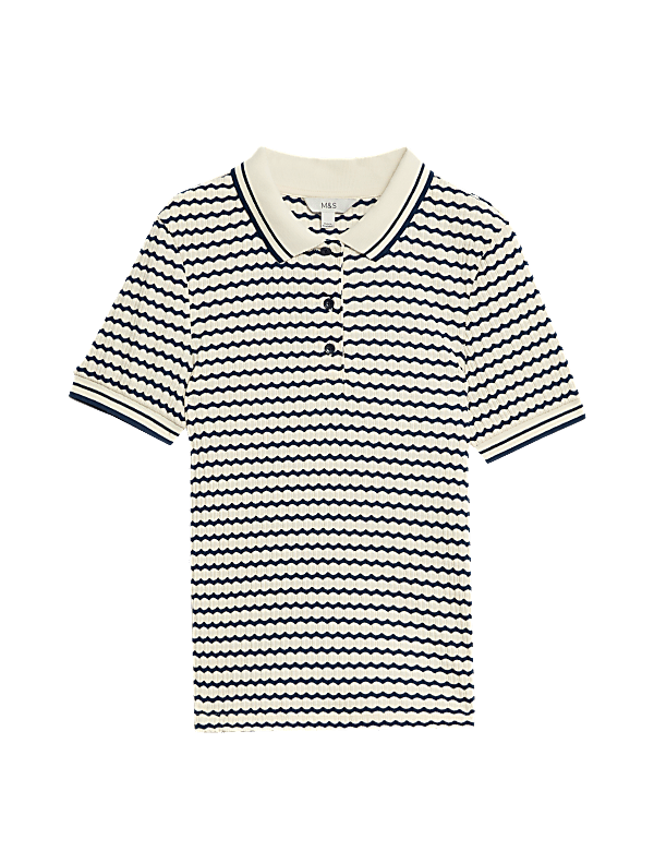 Cotton Blend Geometric Striped Polo Top