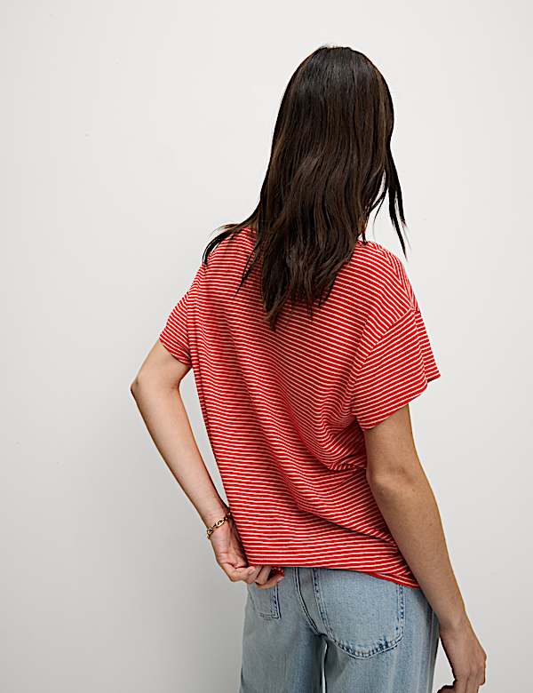 Linen Blend Striped V-Neck T-Shirt