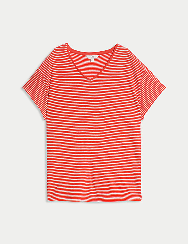 Linen Blend Striped V-Neck T-Shirt - TW