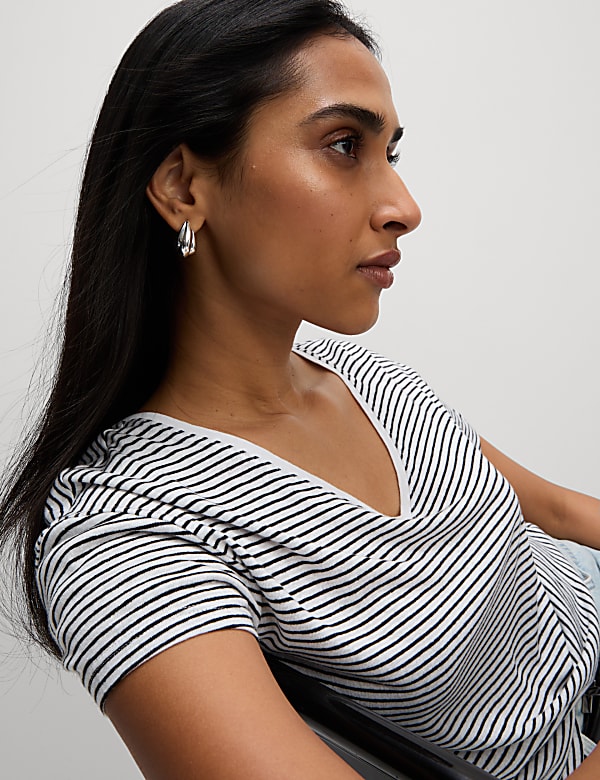 Linen Blend Striped V-Neck T-Shirt