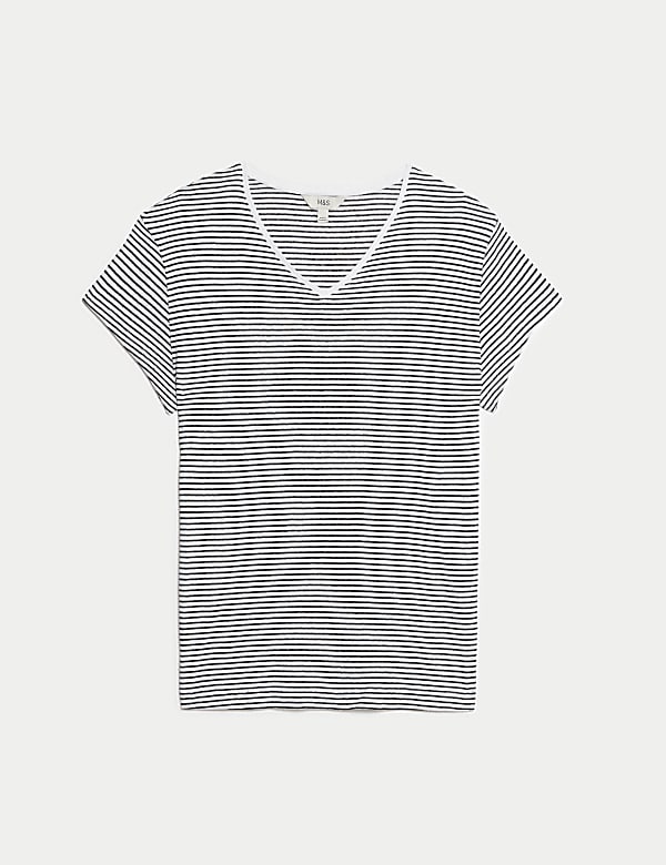 Linen Blend Striped V-Neck T-Shirt - FR