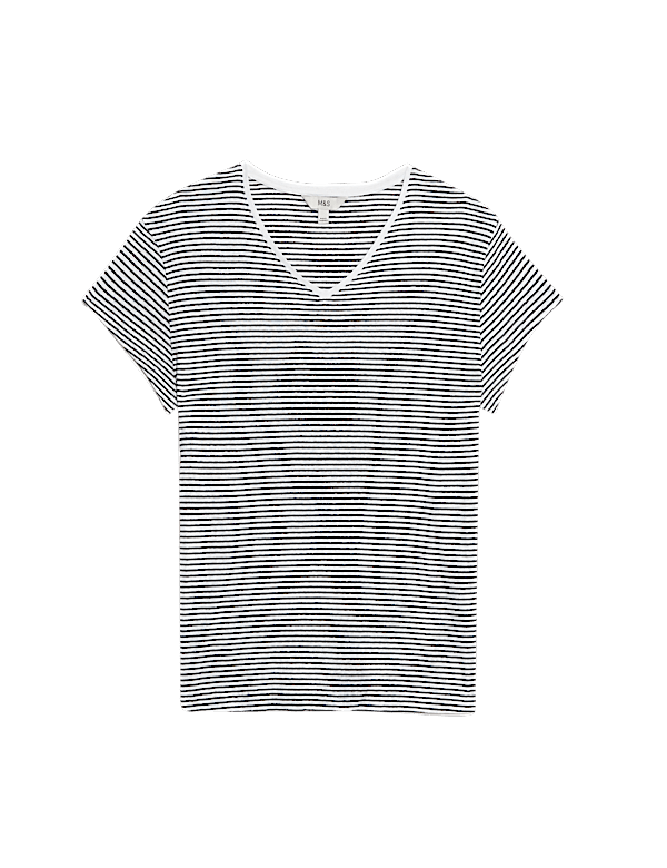 Linen Blend Striped V-Neck T-Shirt