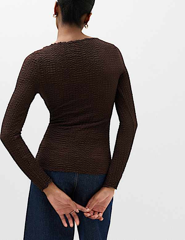Slash Neck Textured Long Sleeve Top - CH