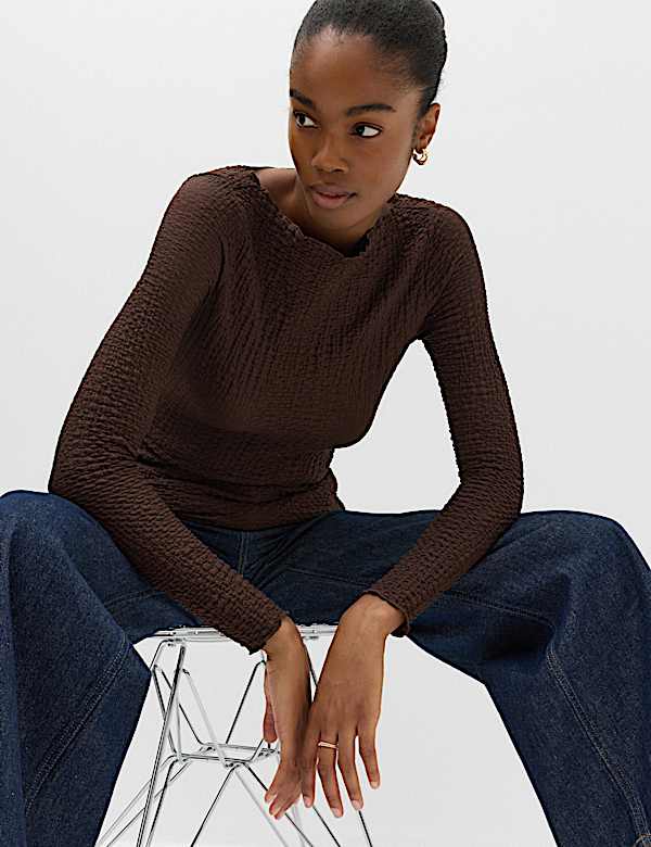 Slash Neck Textured Long Sleeve Top - CH