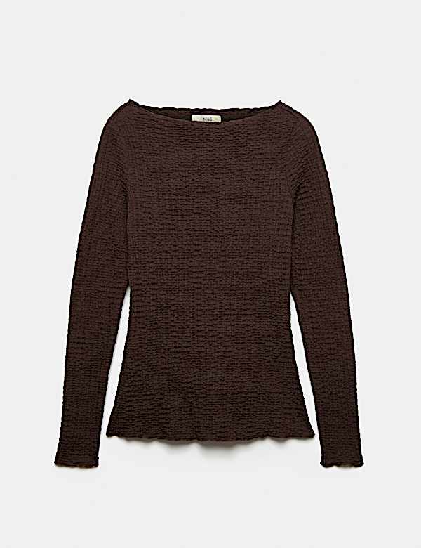 Slash Neck Textured Long Sleeve Top - CH