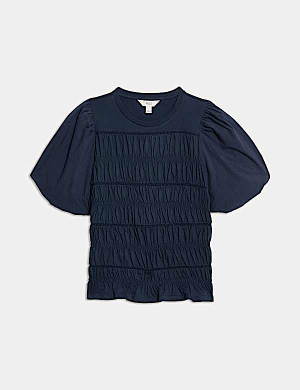 Pure Cotton Jersey Smocked Puff Sleeve Top - MX