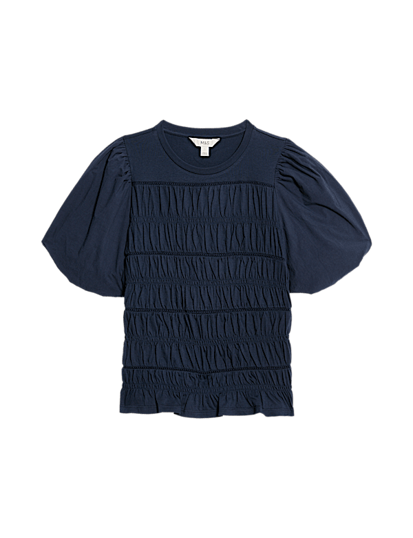 Pure Cotton Jersey Smocked Puff Sleeve Top