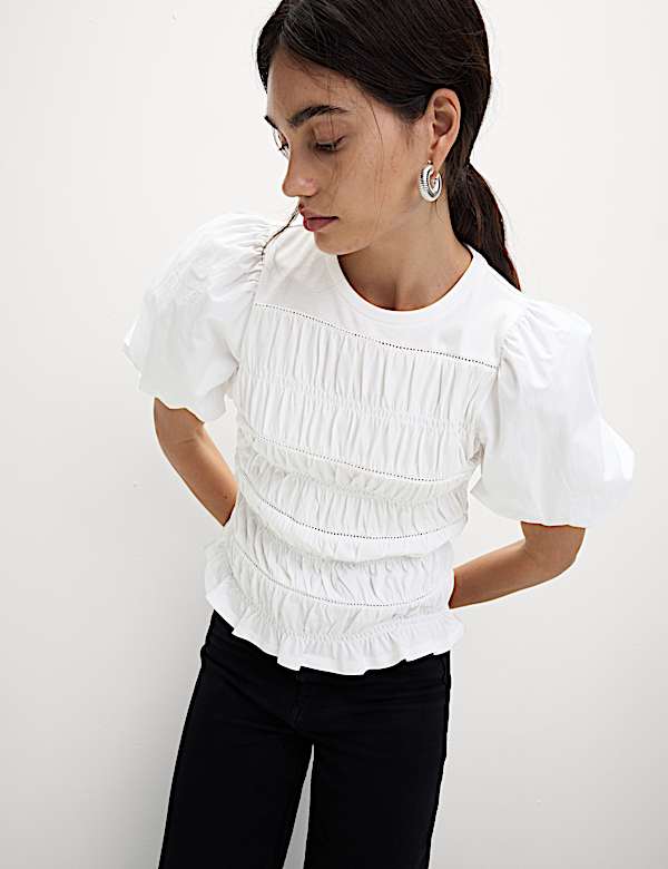 Top en jersey 100 % coton à manches bouffantes et détail smocké - LU