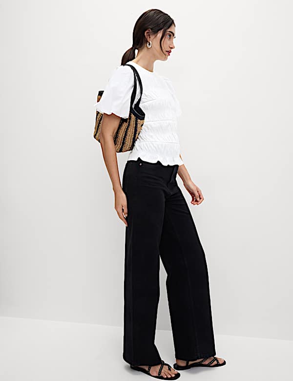 Pure Cotton Jersey Smocked Puff Sleeve Top